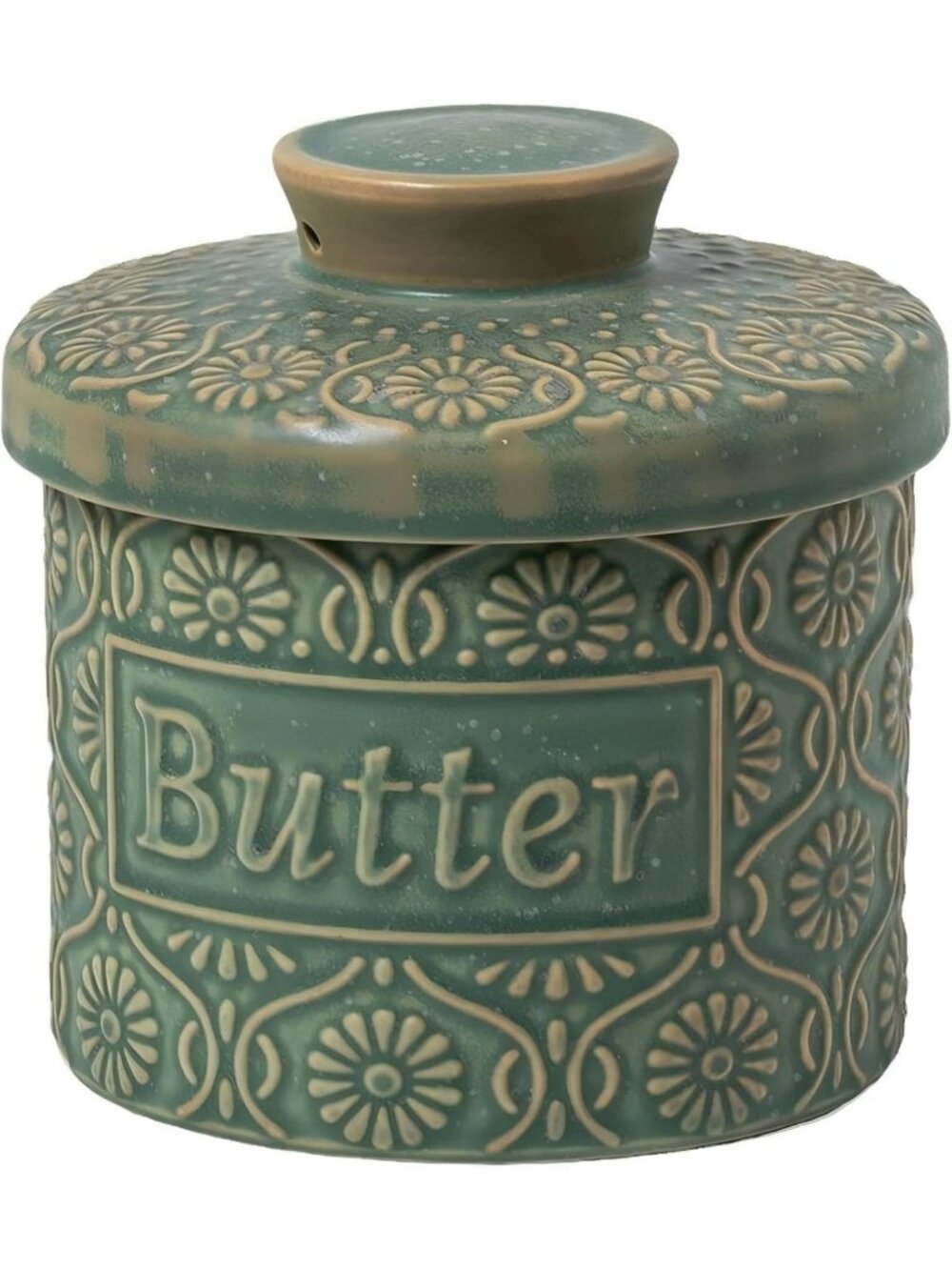 Vintage Green Ceramic Butter Keeper with Lid, Spreadable Butter Dish for Kitchen